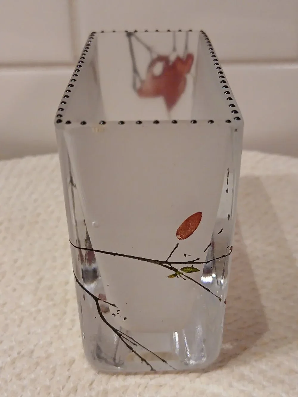 Square Frosted Glass Vase with Maple Tree Branch Design